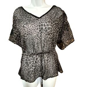 Guess Top Sz M Cold Shoulder Animal Print Sheer Waist Drawsting Crochet Detail